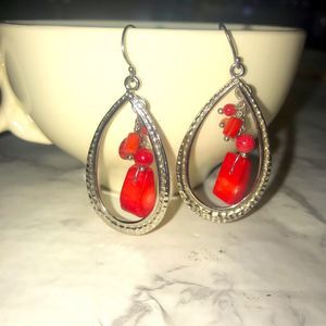 Genuine Red Coral Stone Teardrop Earrings